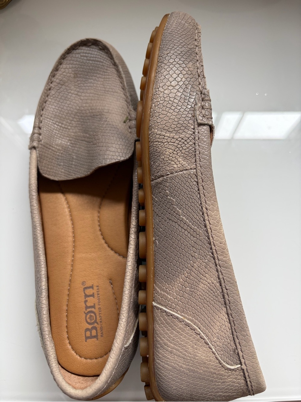 Born Taupe Amani Snake-Embossed Leather Driving Loafers NWOT
